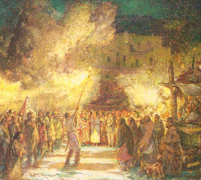 Berninghaus, Oscar Edmund Firelight Procession at the Pueblo on Christmas Eve oil painting picture
